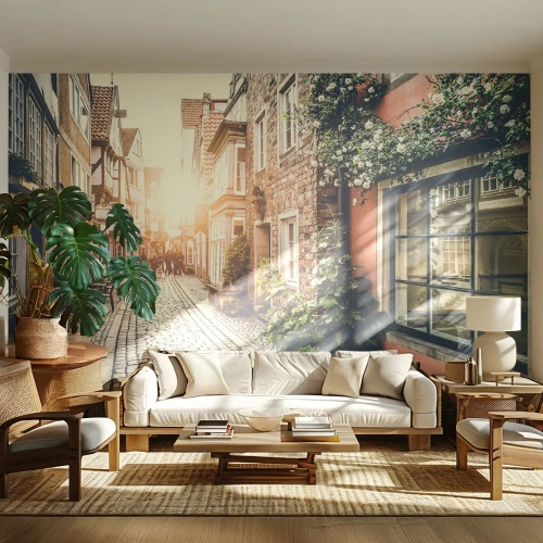 Fotomurali Premium Sand - L'angolo delle rose nella luce rosata - Città, Olanda, Architettura - 350x256 cm