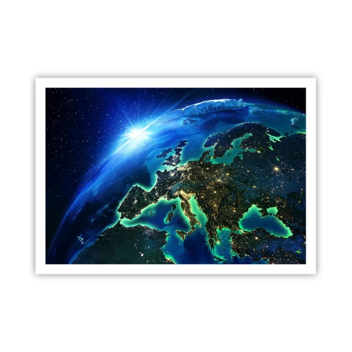 Poster - Una vista di Europa dallo spazio, alla luce del sole nascente. - 100x70cm - L'Europa scintillante - Decorazione murale moderna per soggiorno e camera da letto ARTTOR