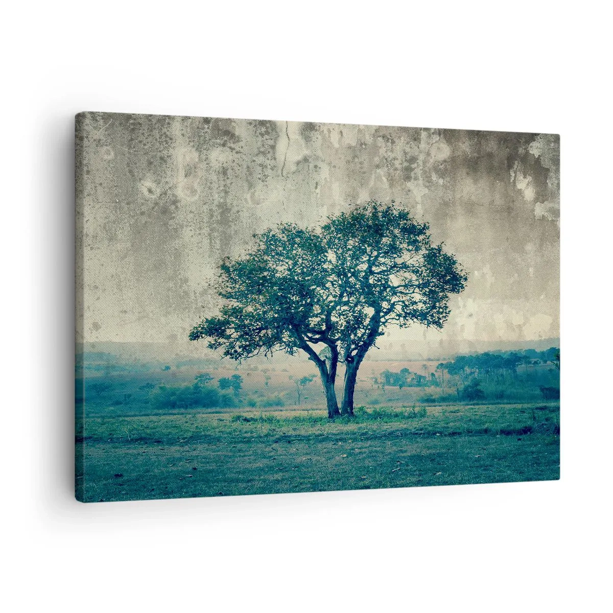 Quadro su tela - Stampe su Tela - Un albero solitario contro un paesaggio nebbioso - 70x50cm - Un melo su un prato blu? - Decorazione murale moderna per soggiorno e camera da letto ARTTOR