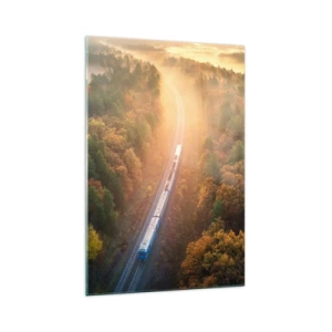 Quadro su vetro - Un treno in una foresta autunnale all'alba - 70x100cm - Viaggio autunnale - Decorazione murale moderna per soggiorno e camera da letto ARTTOR