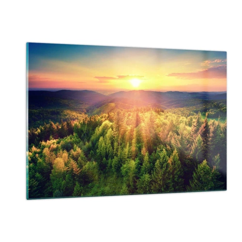 Quadro su vetro - Tramonto su una foresta di montagna con vista sulle valli - 120x80cm - Vette e cime - Decorazione murale moderna per soggiorno e camera da letto ARTTOR