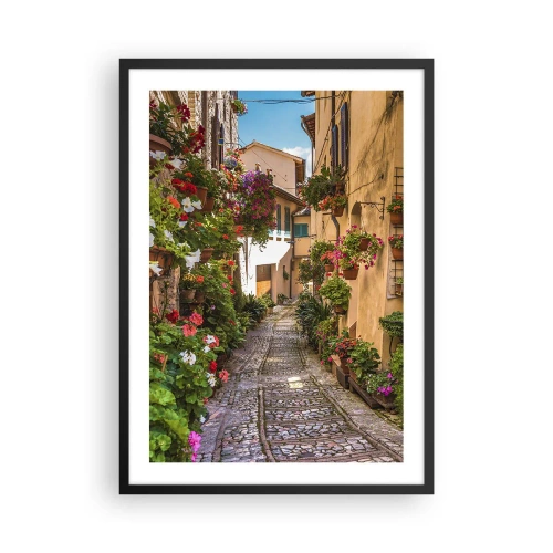 Poster in cornice nera - Una strada affascinante con fiori e un sentiero acciottolato in una giornata di sole - 50x70cm - Angolo italiano - Decorazione murale moderna per soggiorno e camera da letto ARTTOR