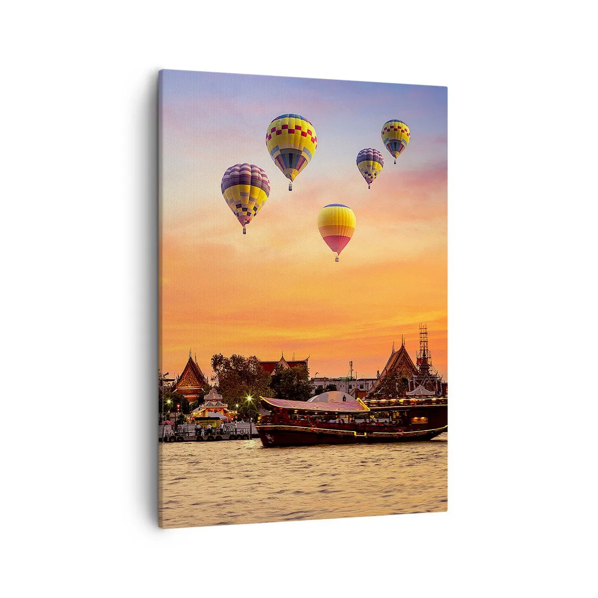 Quadro su tela - Stampe su Tela - Un tempio e palloncini sullo sfondo del sole al tramonto sul fiume - 50x70cm - Qui nascono le favole - Decorazione murale moderna per soggiorno e camera da letto ARTTOR