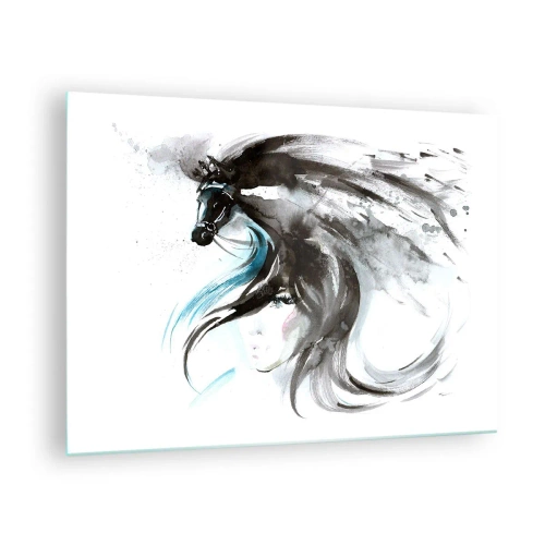 Quadro su vetro - Ritratto di una donna e di un cavallo in una composizione artistica e dinamica - 70x50cm - Il galoppo del Principe Nero - Decorazione murale moderna per soggiorno e camera da letto ARTTOR