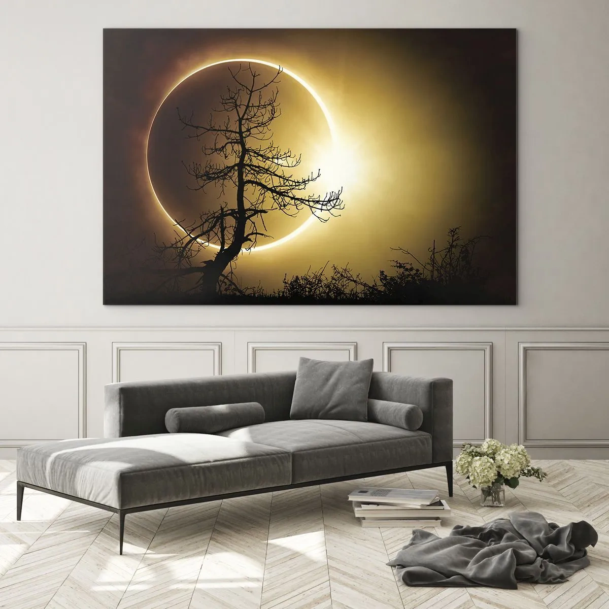 Quadro su vetro - Eclissi solare dietro l'albero - 100x70cm - Eclissi totale - Decorazione murale moderna per soggiorno e camera da letto ARTTOR