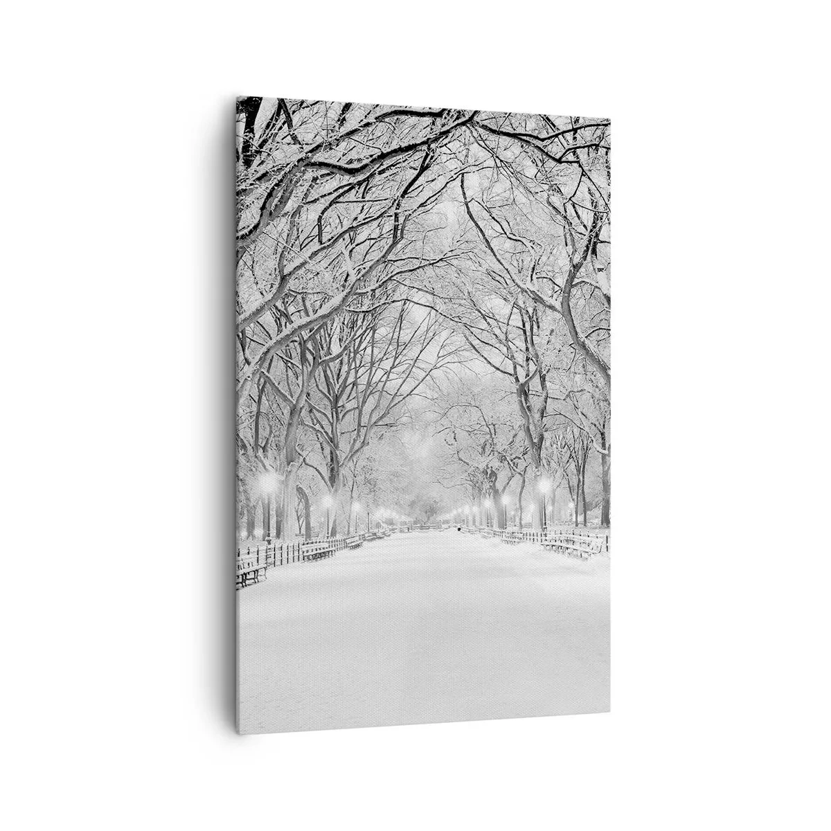 Quadro su tela - Stampe su Tela - Un vicolo invernale con alberi innevati in bianco e nero - 80x120cm - Quattro stagioni: l'inverno - Decorazione murale moderna per soggiorno e camera da letto ARTTOR