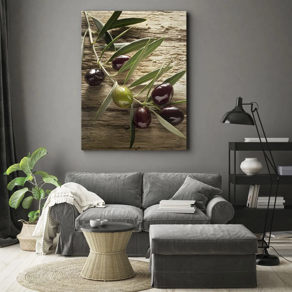 Quadro su tela - Stampe su Tela - Ramo d'ulivo con frutta su uno sfondo di legno invecchiato - 70x100cm - Direttamente dalla natura - Decorazione murale moderna per soggiorno e camera da letto ARTTOR