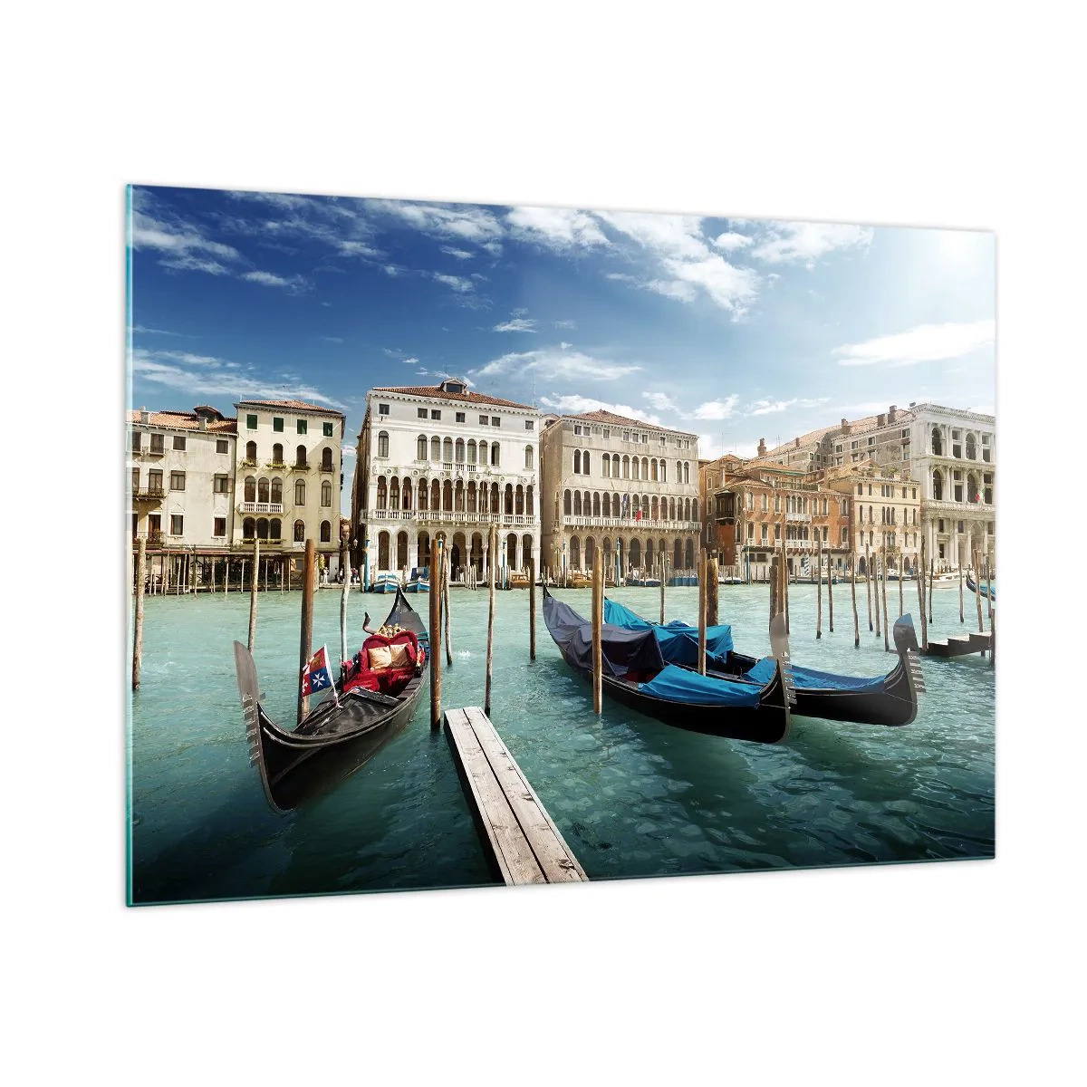 Quadro su vetro - Gondole su un canale a Venezia in una giornata di sole - 100x70cm - Palazzi nel blu - Decorazione murale moderna per soggiorno e camera da letto ARTTOR