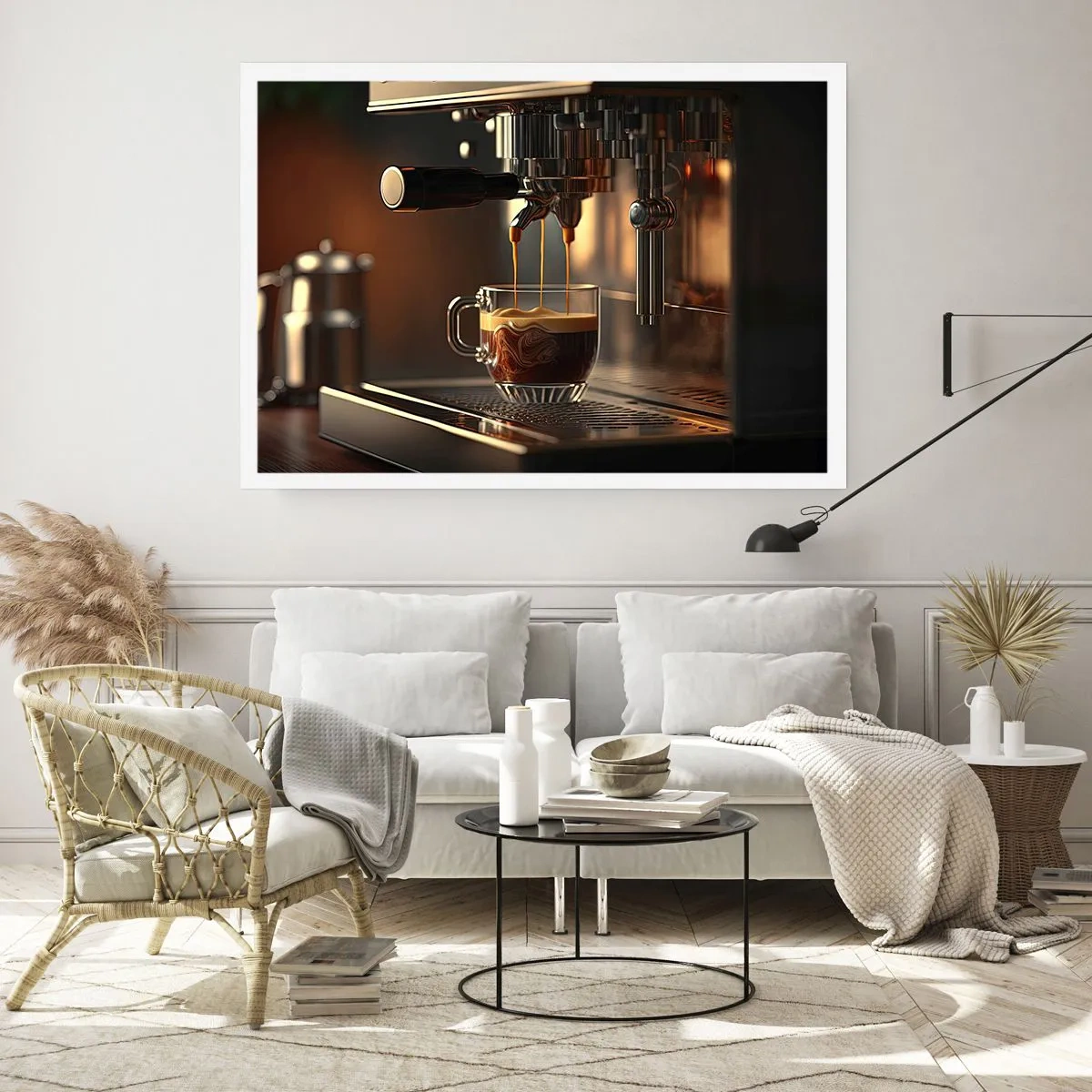 Poster - Macchina da caffè con una tazza di espresso aromatico - 100x70cm - Miscela sensuale - Decorazione murale moderna per soggiorno e camera da letto ARTTOR