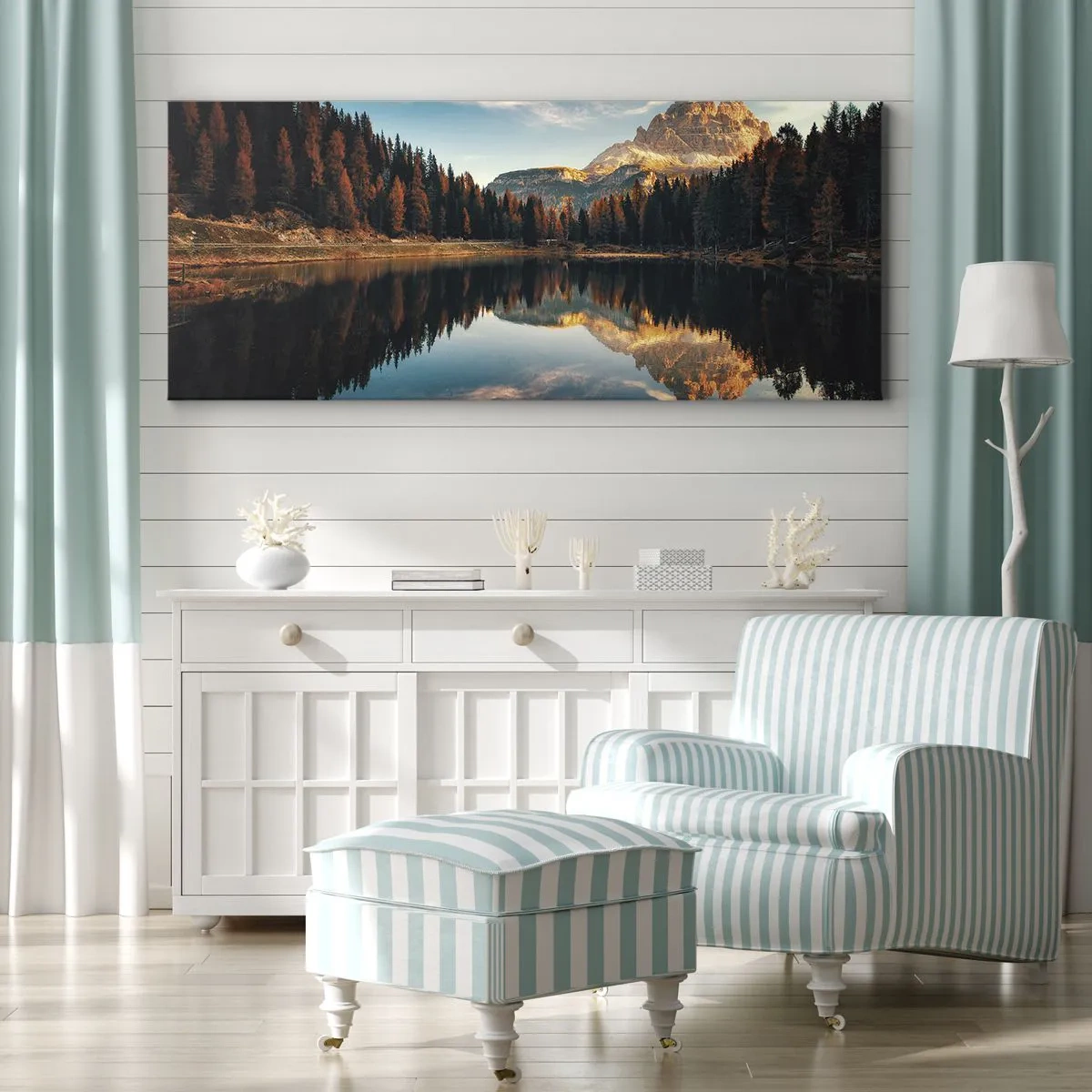 Quadro su tela - Stampe su Tela - Paesaggio montano con lago e foresta - 120x50cm - Paesaggio doppio - Decorazione murale moderna per soggiorno e camera da letto ARTTOR