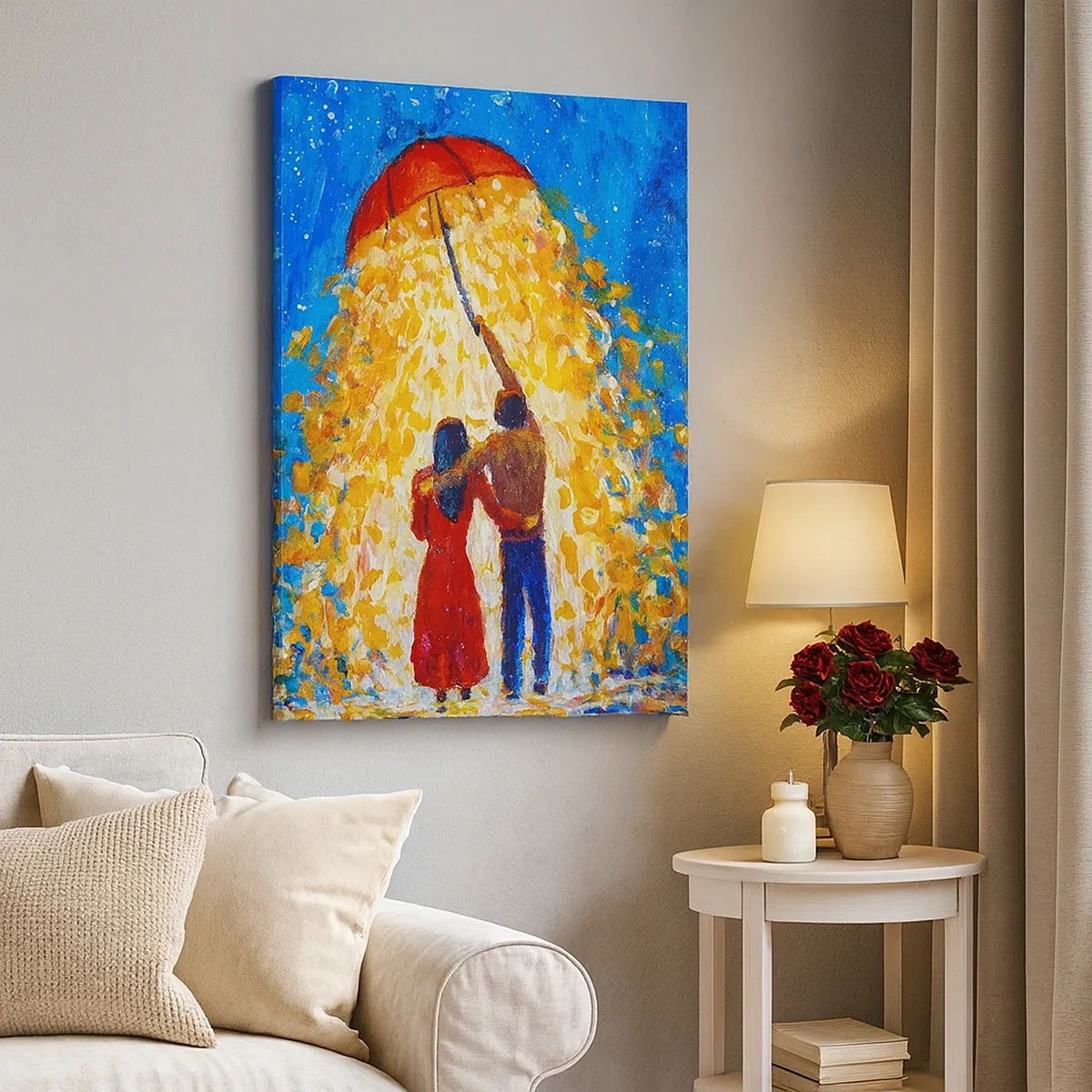 Quadro su tela - Stampe su Tela - Una coppia sotto un ombrello rosso sotto la pioggia luminosa - 50x70cm - La magia di una sera piovosa? - Decorazione murale moderna per soggiorno e camera da letto ARTTOR
