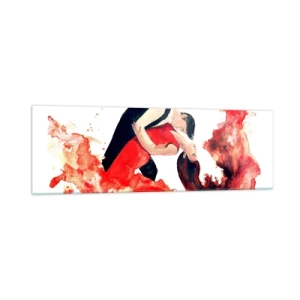 Quadro su vetro - Un dinamico dipinto ad acquerello raffigurante una coppia che balla nei toni del rosso. - 160x50cm - Tango: un'onda di passione - Decorazione murale moderna per soggiorno e camera da letto ARTTOR
