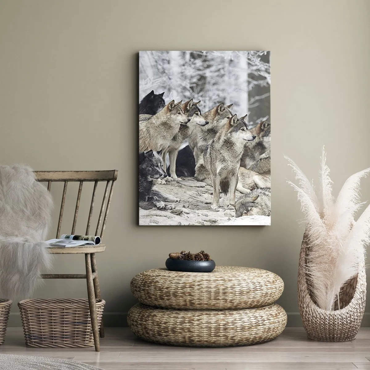 Quadro su tela - Stampe su Tela - Un branco di lupi nella foresta invernale - 50x70cm - Famiglia e amici - Decorazione murale moderna per soggiorno e camera da letto ARTTOR
