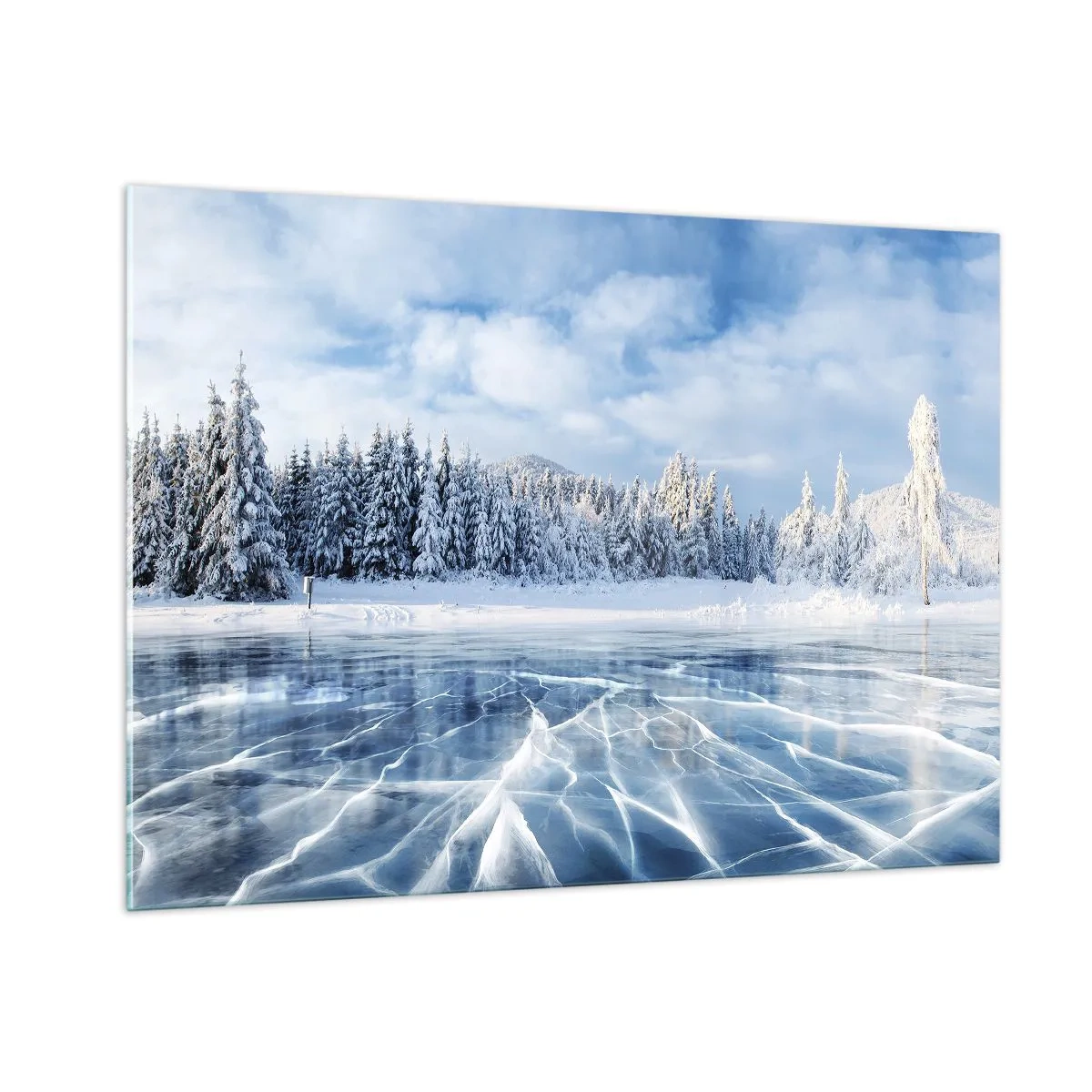 Quadro su vetro - Un lago ghiacciato circondato da una foresta invernale - 100x70cm - Vista lucente e cristallina - Decorazione murale moderna per soggiorno e camera da letto ARTTOR