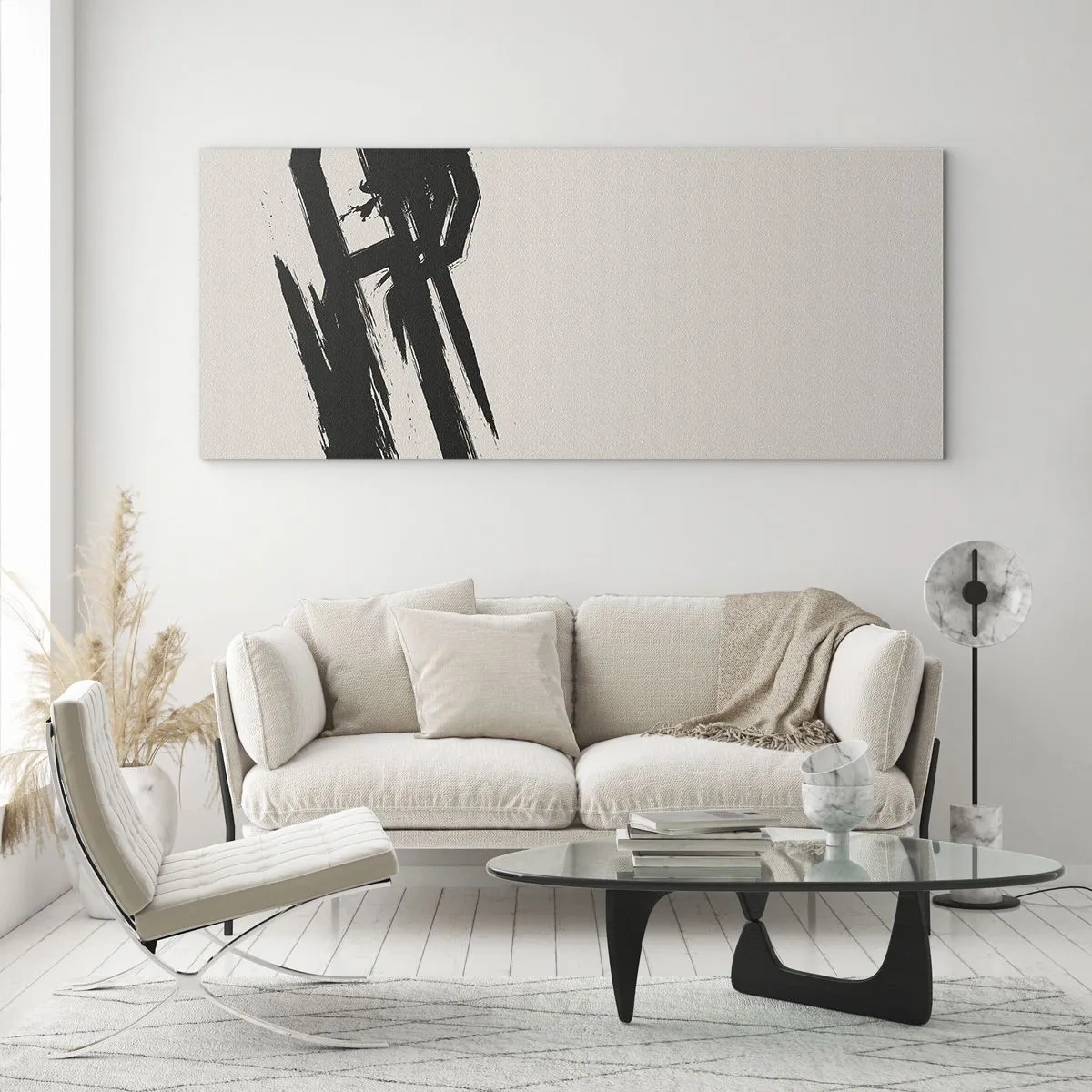 Quadro su vetro - Pennellate dinamiche in nero su sfondo chiaro - 120x50cm - Corsa sfrenata - Decorazione murale moderna per soggiorno e camera da letto ARTTOR