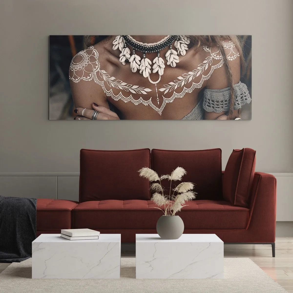 Quadro su vetro - Stile boho con gioielli di conchiglie e motivo in pizzo - 120x50cm - Talismani, rituali di femminilità - Decorazione murale moderna per soggiorno e camera da letto ARTTOR