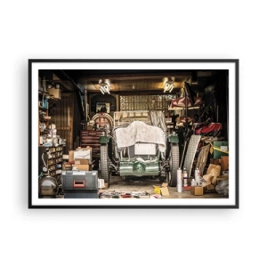 Poster in cornice nera - Una vecchia auto in un garage circondata da attrezzi e attrezzature - 100x70cm - Ritorno al passato - Decorazione murale moderna per soggiorno e camera da letto ARTTOR