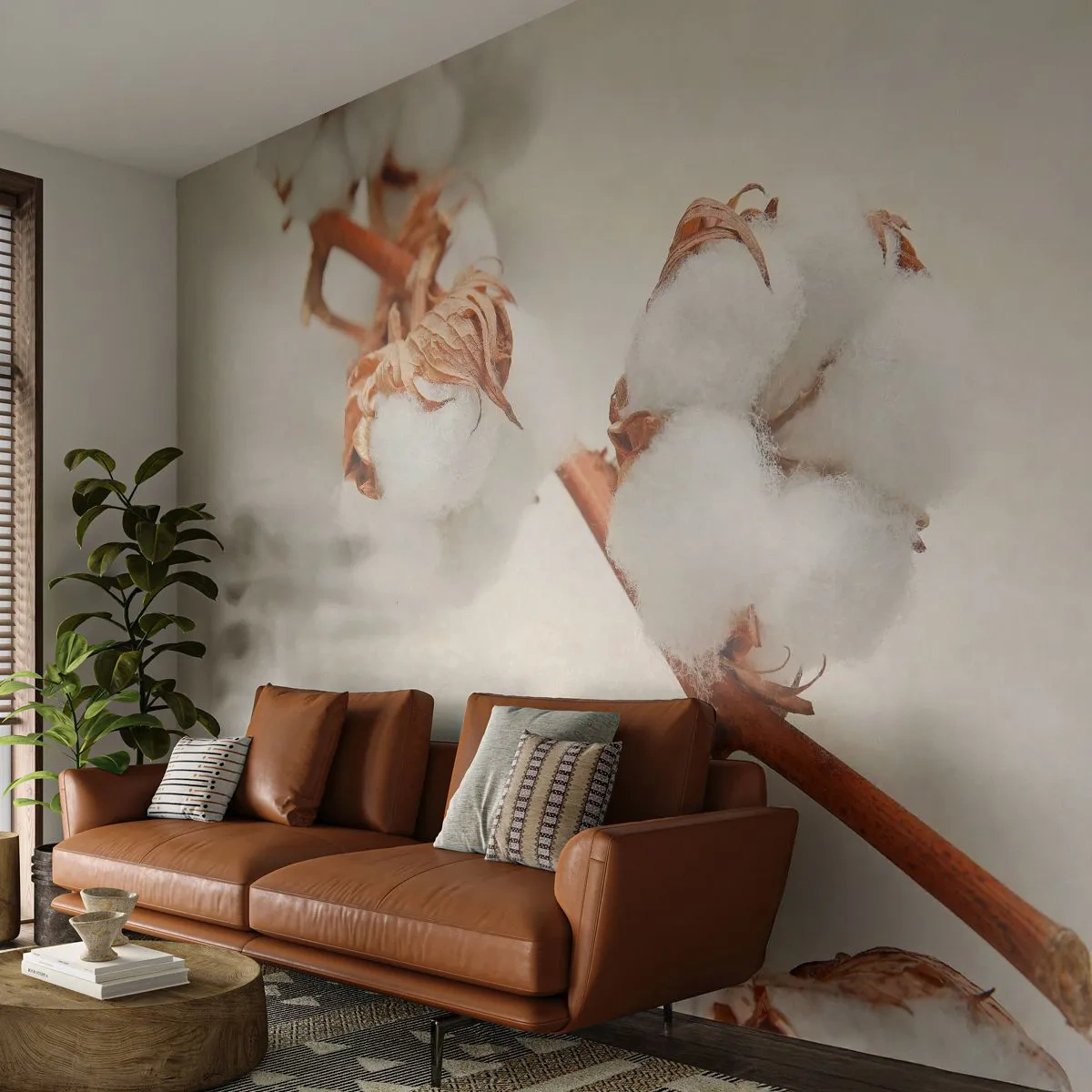 Fotomurali Premium Sand - Un rametto di cotone su uno sfondo chiaro e naturale - 100x70cm - Semplicemente un abbraccio - Decorazione murale moderna per soggiorno e camera da letto ARTTOR