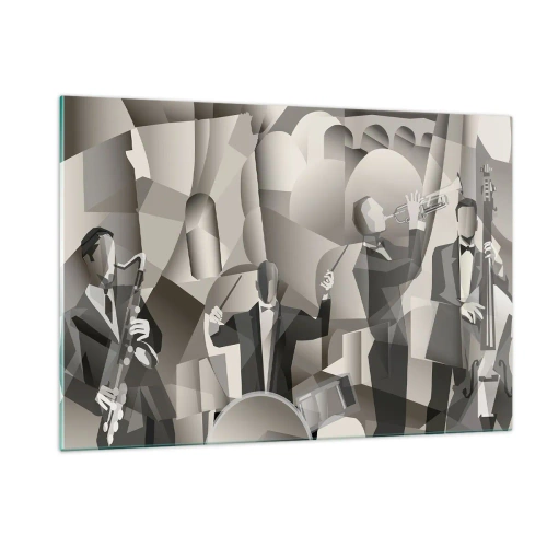 Quadro su vetro - Palcoscenico di una jazz band stilizzata in toni monocromatici - 120x80cm - Nello spazio dei suono - Decorazione murale moderna per soggiorno e camera da letto ARTTOR