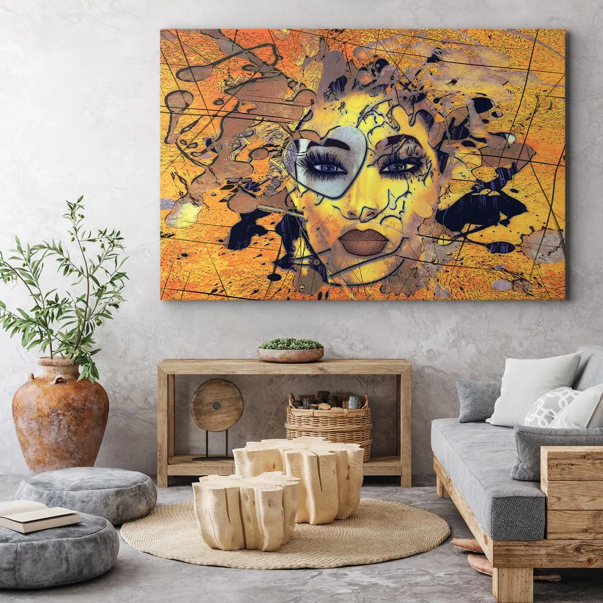 Quadro su tela - Stampe su Tela - Ritratto astratto di una donna nei toni del giallo oro - 100x70cm - Bellezza solare - Decorazione murale moderna per soggiorno e camera da letto ARTTOR