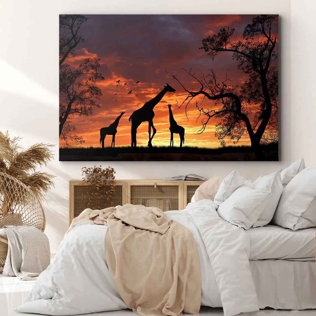 Quadro su tela - Stampe su Tela - Sagome di giraffe sullo sfondo del tramonto africano - 70x50cm - Piccola cena tra amici - Decorazione murale moderna per soggiorno e camera da letto ARTTOR