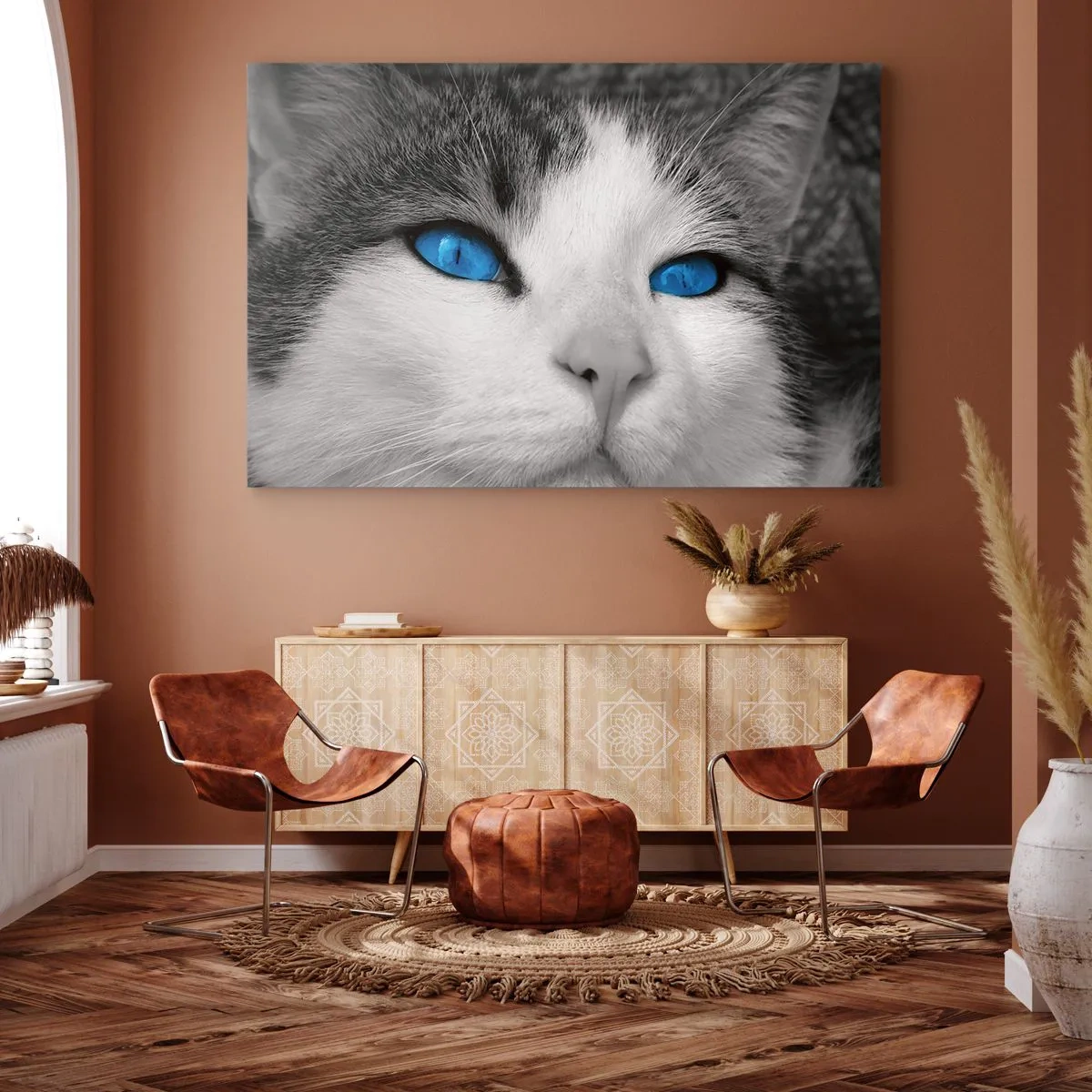 Quadro su tela - Stampe su Tela - Ritratto di un gatto con gli occhi azzurri in stile bianco e nero - 70x50cm - Insoliti occhi azzurri - Decorazione murale moderna per soggiorno e camera da letto ARTTOR