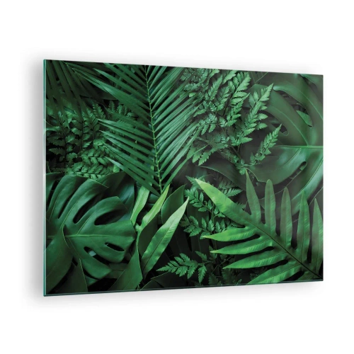Quadro su vetro - Foglie verdi dense di piante tropicali nella composizione - 70x50cm - Avvolti nel verde - Decorazione murale moderna per soggiorno e camera da letto ARTTOR