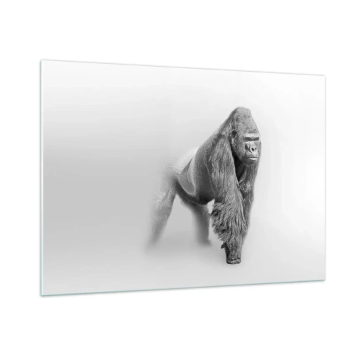 Quadro su vetro - Ritratto in bianco e nero di un maestoso gorilla su sfondo bianco - 100x70cm - Sicuro della propria forza - Decorazione murale moderna per soggiorno e camera da letto ARTTOR