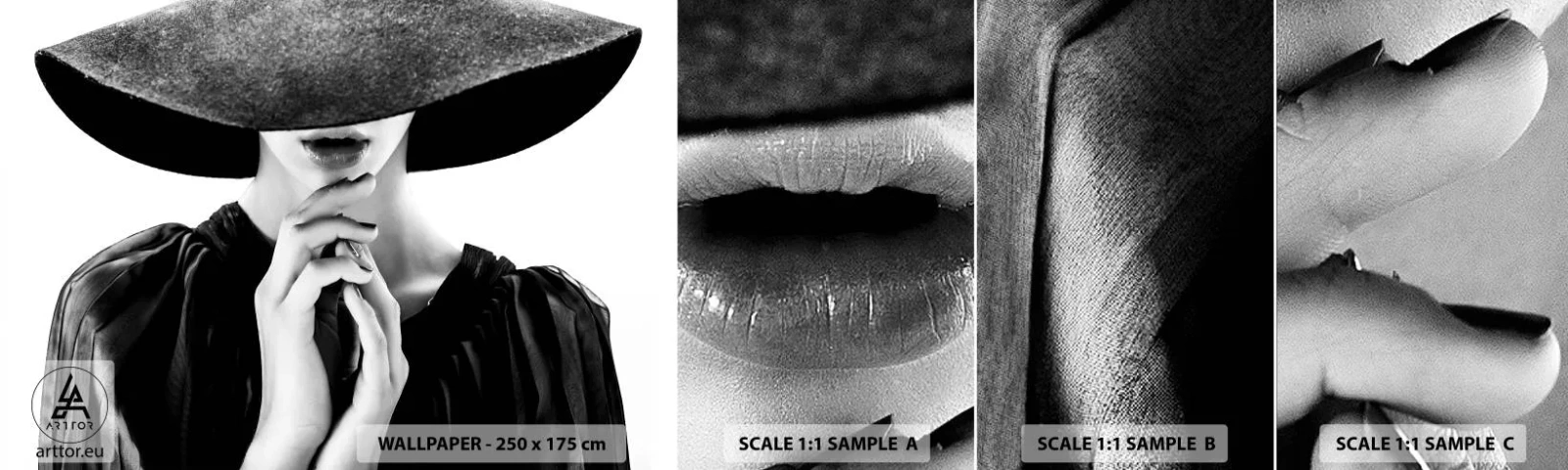 Campione di Fotomurale Adesivo Deluxe Sticker - Bellezza celata - Donna In Un Cappello, Le mani delle donne, Moda - 100x30 cm