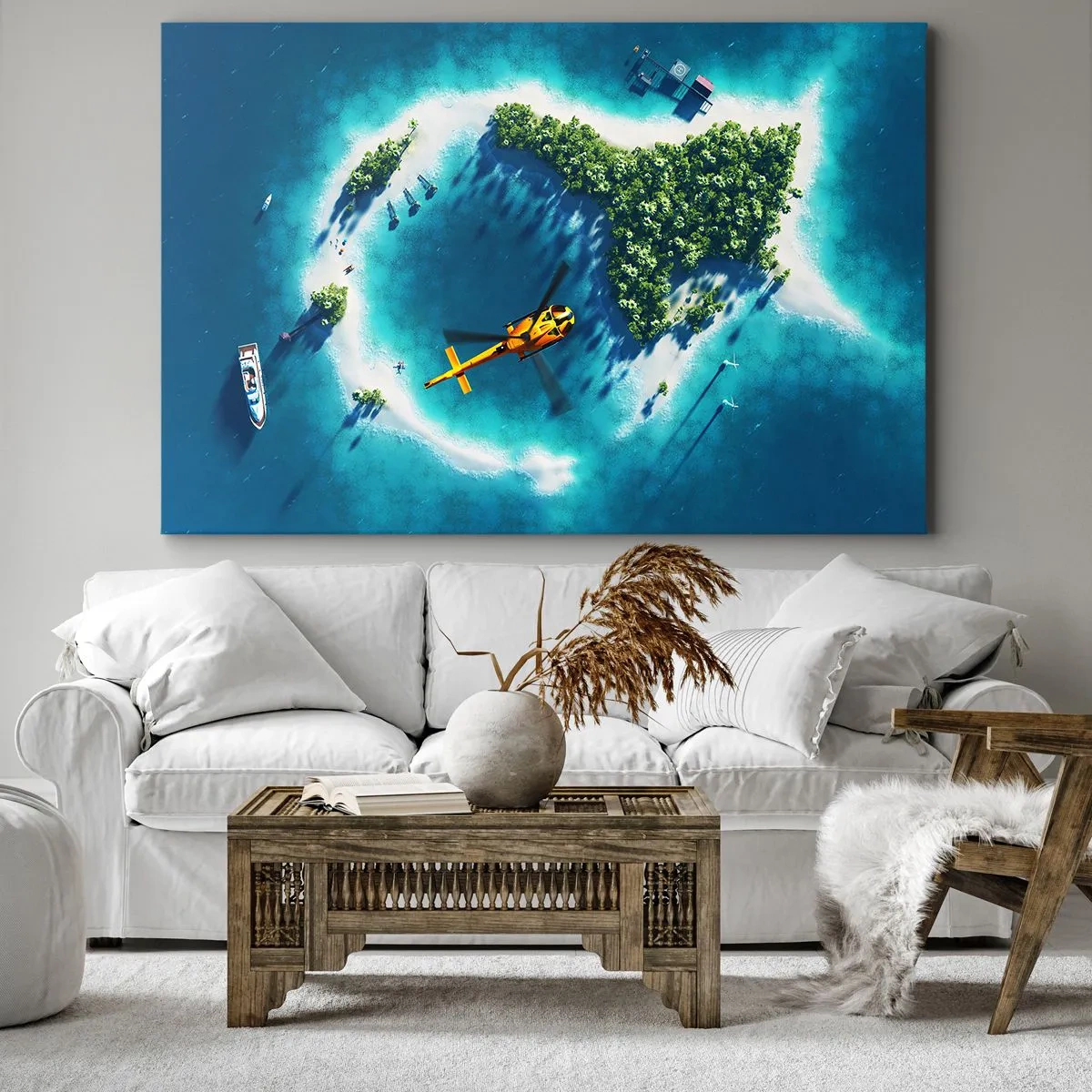 Quadro su tela - Stampe su Tela - Un'isola tropicale circondata da acque turchesi con un elicottero in vista - 70x50cm - Comprati un'isola - Decorazione murale moderna per soggiorno e camera da letto ARTTOR