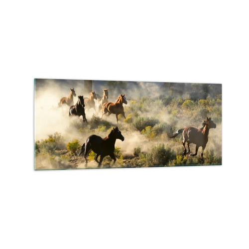 Quadro su vetro - Una mandria di cavalli selvaggi che galoppano tra la polvere e la vegetazione - 120x50cm - Rivalità: libertà o forza mascolina? - Decorazione murale moderna per soggiorno e camera da letto ARTTOR
