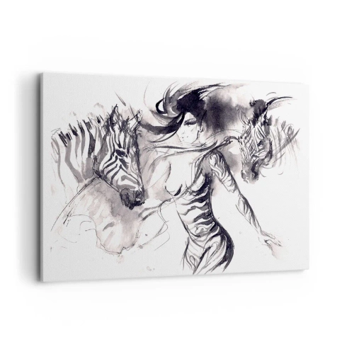 Quadro su tela - Stampe su Tela - Una donna in una danza dinamica con zebre in un'estetica in bianco e nero - 120x80cm - Ballando con le zebre - Decorazione murale moderna per soggiorno e camera da letto ARTTOR