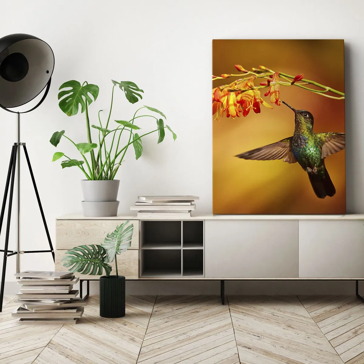 Quadro su tela - Stampe su Tela - Colibrì vicino a un fiore nella calda luce - 80x120cm - Messaggero di luce secondo i Maya - Decorazione murale moderna per soggiorno e camera da letto ARTTOR