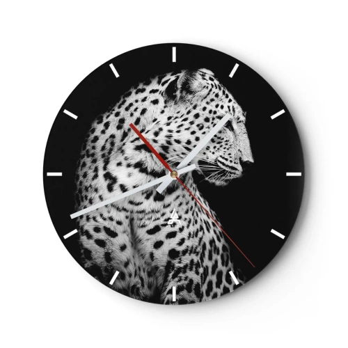Orologio da parete - Orologio in Vetro - Ritratto in bianco e nero di un leopardo su sfondo nero - 30x30cm - Profilo destro perfetto! - Decorazione murale moderna per soggiorno, cucina e camera da letto ARTTOR