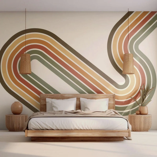 Fotomurali Premium Canvas - Motivo geometrico nei toni del verde, arancione e beige su sfondo chiaro - 100x70cm - Zig zag fino alla meta - Decorazione murale moderna per soggiorno e camera da letto ARTTOR