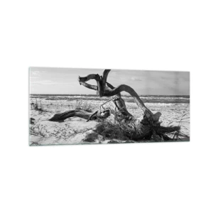 Quadro su vetro - Paesaggio in bianco e nero con un albero morto sulla spiaggia - 120x50cm - Scolpito dal mare - Decorazione murale moderna per soggiorno e camera da letto ARTTOR