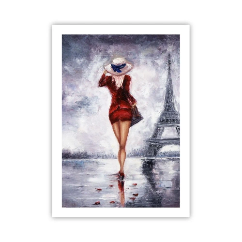 Poster - Una donna in abito rosso cammina verso la Torre Eiffel - 50x70cm - Simboli di Parigi - Decorazione murale moderna per soggiorno e camera da letto ARTTOR