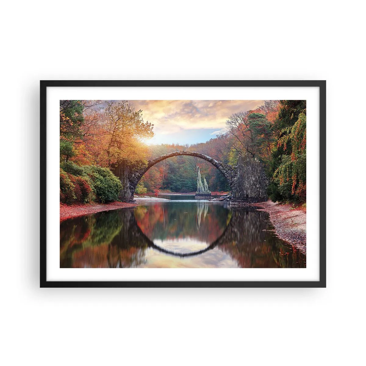 Poster in cornice nera - Un ponte di pietra in uno scenario autunnale sopra acque calme - 70x50cm - Dall'altro lato dello specchio - Decorazione murale moderna per soggiorno e camera da letto ARTTOR