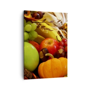 Quadro su tela - Stampe su Tela - Un cesto di frutta, zucche e mais su uno sfondo di colori autunnali. - 50x70cm - Cesta dell'abbondanza - Decorazione murale moderna per soggiorno e camera da letto ARTTOR