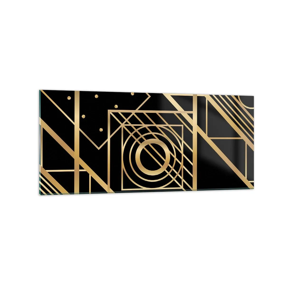 Quadro su vetro - Motivi geometrici dorati su sfondo nero - 120x50cm - Geometria dorata - Decorazione murale moderna per soggiorno e camera da letto ARTTOR