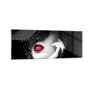 Quadro su vetro - Ritratto in bianco e nero di una donna con le labbra rosse - 140x50cm - Studio in scarlatto - Decorazione murale moderna per soggiorno e camera da letto ARTTOR