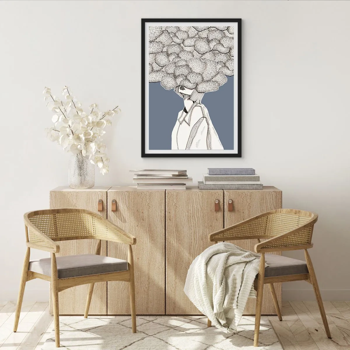 Poster in cornice nera - Una figura con una nuvola al posto della testa, stilizzata in tonalità di grigio. - 50x70cm - Con la testa tra le nuvole - Decorazione murale moderna per soggiorno e camera da letto ARTTOR