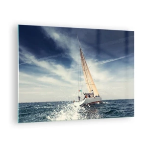 Quadro su vetro - Uno yacht che naviga su un mare in tempesta sotto un cielo azzurro - 70x50cm - Non ci raggiungeranno! - Decorazione murale moderna per soggiorno e camera da letto ARTTOR