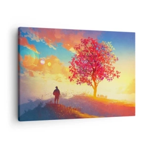 Quadro su tela - Stampe su Tela - Una figura su una collina accanto a un albero colorato alla luce del sole al tramonto - 70x50cm - Pellegrino alla meta - Decorazione murale moderna per soggiorno e camera da letto ARTTOR