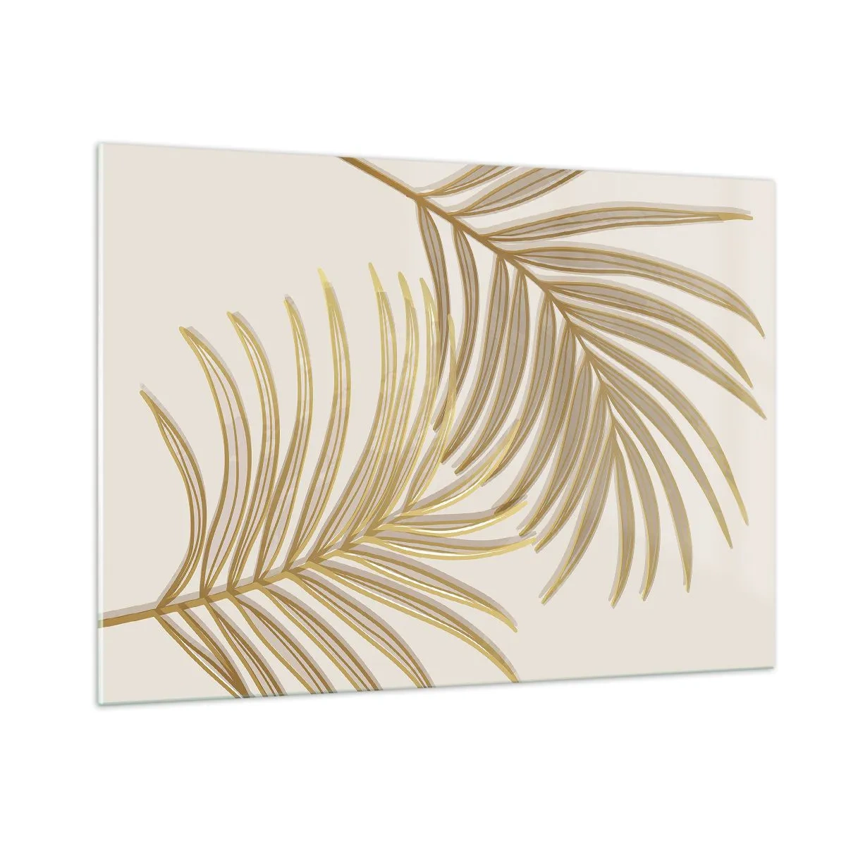 Quadro su vetro - Foglie di palma dorate su sfondo chiaro - 100x70cm - Palma d'oro! - Decorazione murale moderna per soggiorno e camera da letto ARTTOR