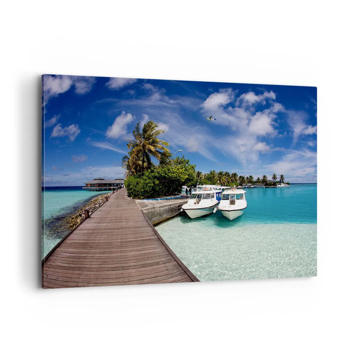 Quadro su tela - Stampe su Tela - Un molo su un mare turchese con barche e palme - 100x70cm - Il paradiso esiste davvero - Decorazione murale moderna per soggiorno e camera da letto ARTTOR