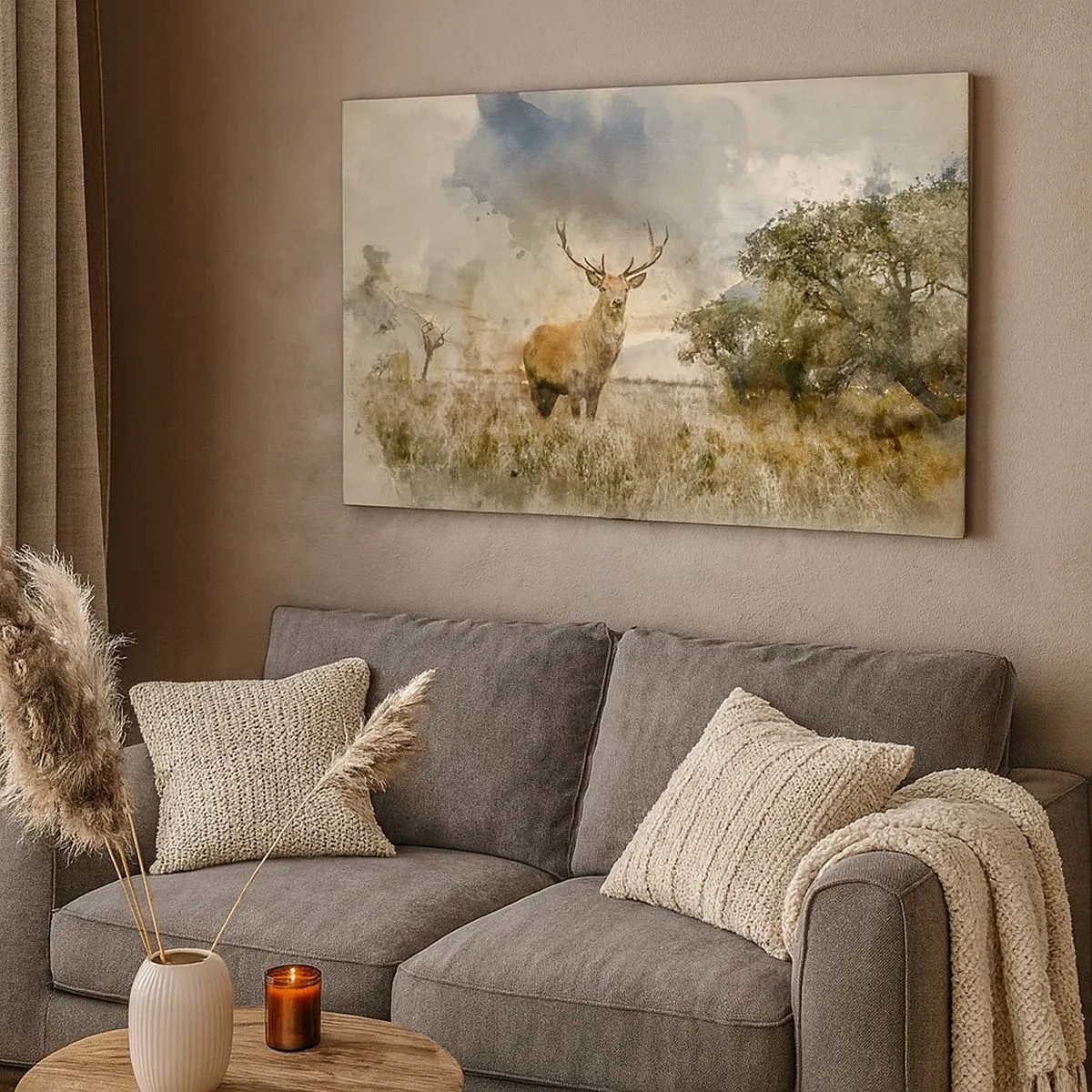 Quadro su tela - Stampe su Tela - Un cervo in un ambiente naturale in stile acquerello - 70x50cm - Dignità - forza - maestosità - Decorazione murale moderna per soggiorno e camera da letto ARTTOR