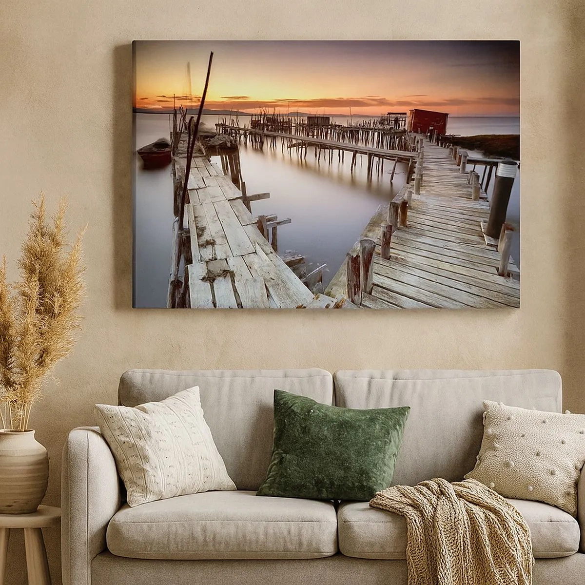 Quadro su tela - Stampe su Tela - Pontili in legno su acque calme al tramonto - 70x50cm - Autentico, non una finzione turistica - Decorazione murale moderna per soggiorno e camera da letto ARTTOR