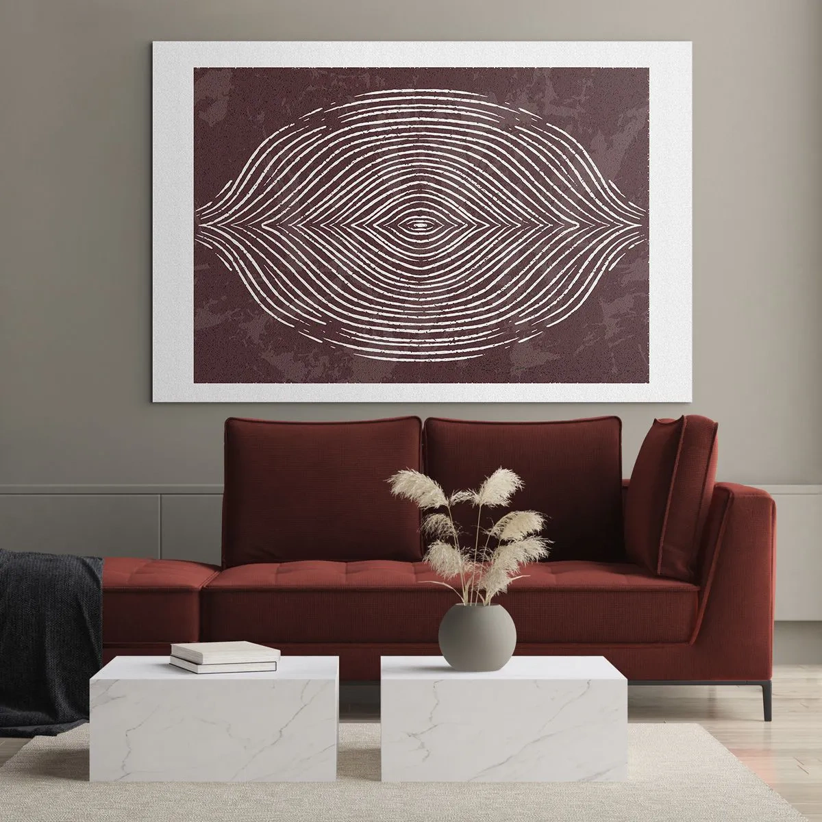Quadro su vetro - Linee simmetriche a forma di occhio su sfondo bordeaux - 70x50cm - Lo spazio parlante - Decorazione murale moderna per soggiorno e camera da letto ARTTOR