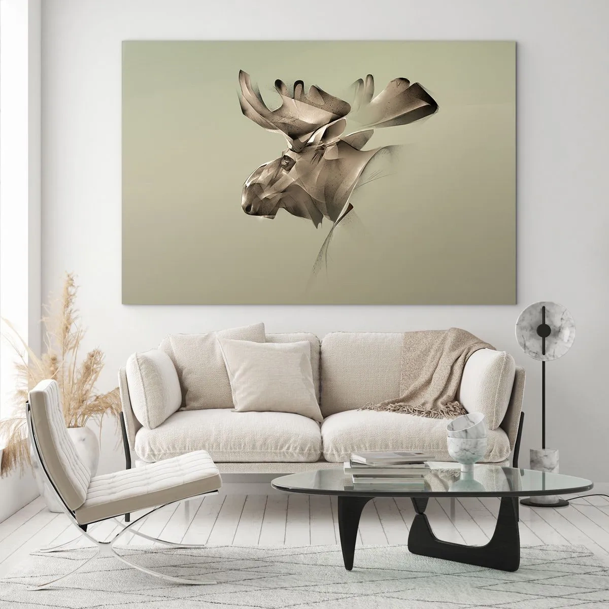 Quadro su vetro - Un'immagine moderna di un alce su uno sfondo verde - 120x80cm - La forza mite della tranquillità - Decorazione murale moderna per soggiorno e camera da letto ARTTOR